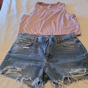 Pull&Bear Blue Jean Shorts with Distressed Details